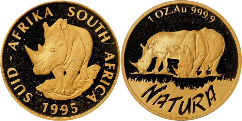 SOUTH AFRICA. Gold Ounce Natura (100 Rand), 1995. Natura Series: Rhino. GEM PROO...