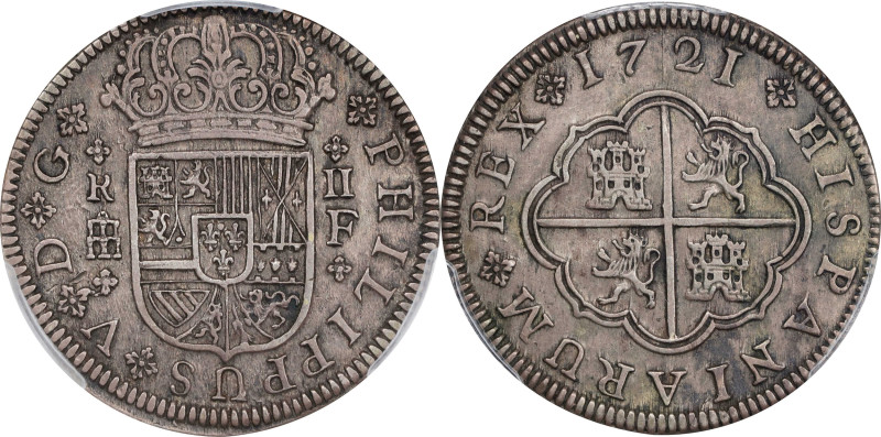 SPAIN. 2 Reales, 1721-F. Segovia Mint. Philip V. PCGS AU-53.
KM-297; Cal-954.
...