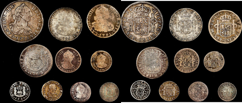 SPANISH COLONIAL. Group of Pillar and Portrait Denominations (10 Pieces), 1740-9...