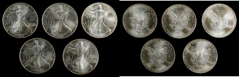 UNITED STATES OF AMERICA. Quintet of Silver Eagles (5 Pieces), 1998. Philadelphi...