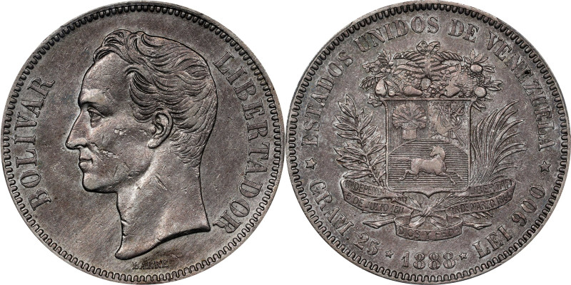 VENEZUELA. 5 Bolivares, 1888. Caracas Mint. PCGS Genuine--Cleaned, AU Details.
...