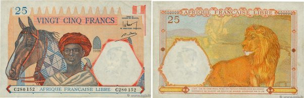 Country : FRENCH EQUATORIAL AFRICA 
Face Value : 25 Francs 
Date : (1941) 
Perio...