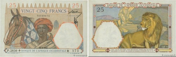 Country : FRENCH WEST AFRICA (1895-1958) 
Face Value : 25 Francs 
Date : 24 févr...