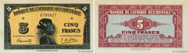 Country : FRENCH WEST AFRICA (1895-1958) 
Face Value : 5 Francs 
Date : 14 décem...