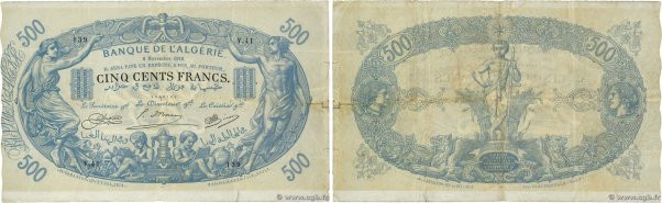 Country : ALGERIA 
Face Value : 500 Francs 
Date : 09 novembre 1918 
Period/Prov...