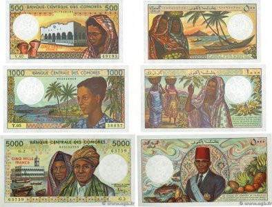 Country : COMOROS 
Face Value : 500? 1000 et 5000 Francs Lot 
Date : (1986-1994)...