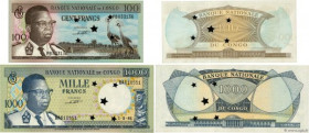 Country : CONGO REPUBLIC 
Face Value : 100 et 1000 Francs Annulé 
Date : 01 août 1964 
Period/Province/Bank : Banque Nationale du Congo 
Catalogue ref...