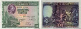 Country : SPAIN 
Face Value : 500 Pesetas 
Date : 15 août 1928 
Period/Province/Bank : Banco de Espana 
Catalogue reference : P.77a 
Alphabet - signat...