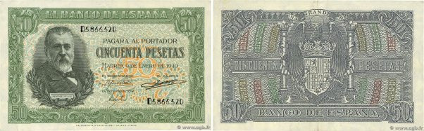 Country : SPAIN 
Face Value : 50 Pesetas 
Date : 09 janvier 1940 
Period/Provinc...