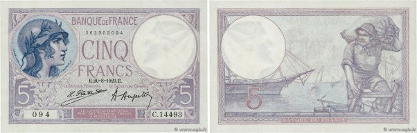 Country : FRANCE 
Face Value : 5 Francs FEMME CASQUÉE 
Date : 20 août 1923 
Peri...
