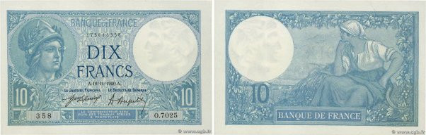 Country : FRANCE 
Face Value : 10 Francs MINERVE 
Date : 18 novembre 1920 
Perio...