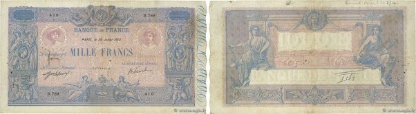 Country : FRANCE 
Face Value : 1000 Francs BLEU ET ROSE 
Date : 29 juillet 1912 ...