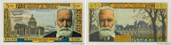 Country : FRANCE 
Face Value : 5 Nouveaux Francs VICTOR HUGO 
Date : 06 mai 1964...