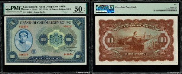 Country : LUXEMBOURG 
Face Value : 100 Francs 
Date : (1944) 
Period/Province/Ba...