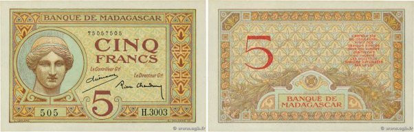 Country : MADAGASCAR 
Face Value : 5 Francs Numéro radar 
Date : (1937-1947) 
Pe...