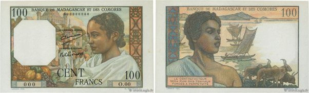 Country : MADAGASCAR 
Face Value : 100 Francs Épreuve 
Date : (1950) 
Period/Pro...
