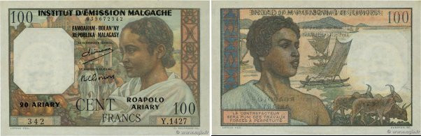 Country : MADAGASCAR 
Face Value : 100 Francs - 20 Ariary 
Date : (1961) 
Period...