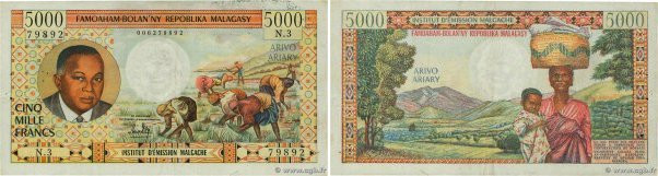 Country : MADAGASCAR 
Face Value : 5000 Francs - 1000 Ariary 
Date : (1966) 
Per...