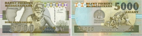 Country : MADAGASCAR 
Face Value : 25000 Francs - 5000 Ariary 
Date : (1988-1994...