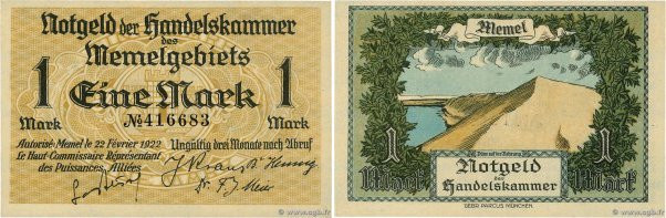 Country : MEMEL 
Face Value : 1 Mark 
Date : 22 février 1922 
Period/Province/Ba...