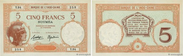 Country : NEW CALEDONIA 
Face Value : 5 Francs 
Date : (1936 / 1940) 
Period/Pro...