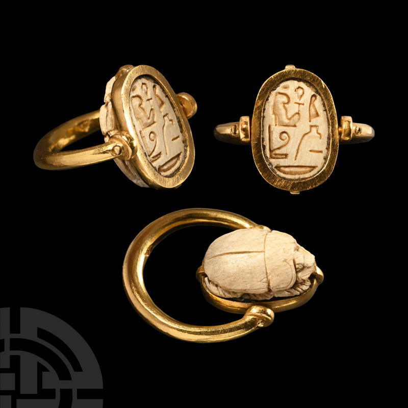 Egyptian Steatite Scarab in Gold Swivel Ring
Late Period, 664-332 B.C. Carved w...