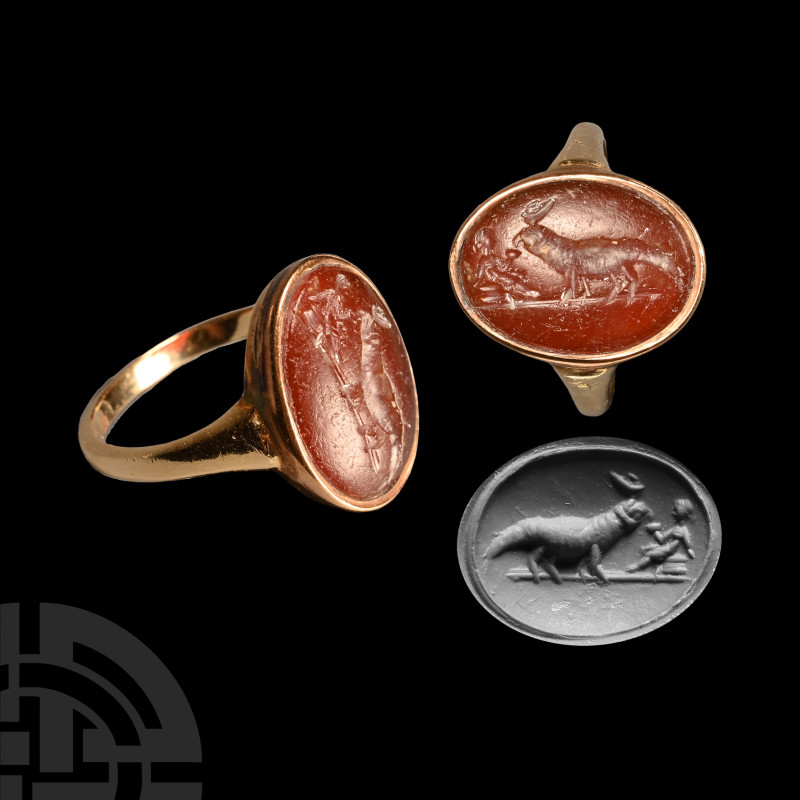 Egypto-Roman Red Carnelian Soknopaios Gemstone in Gold Ring
1st-2nd century A.D...