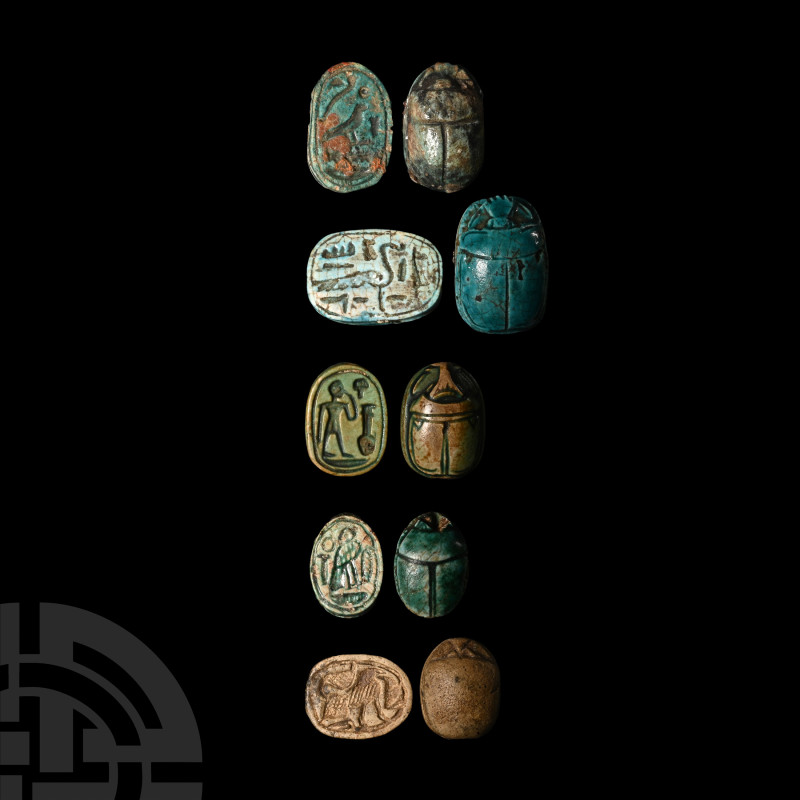 Egyptian Faience Hieroglyphic Scarab Group
Second Intermediate Period, circa 16...