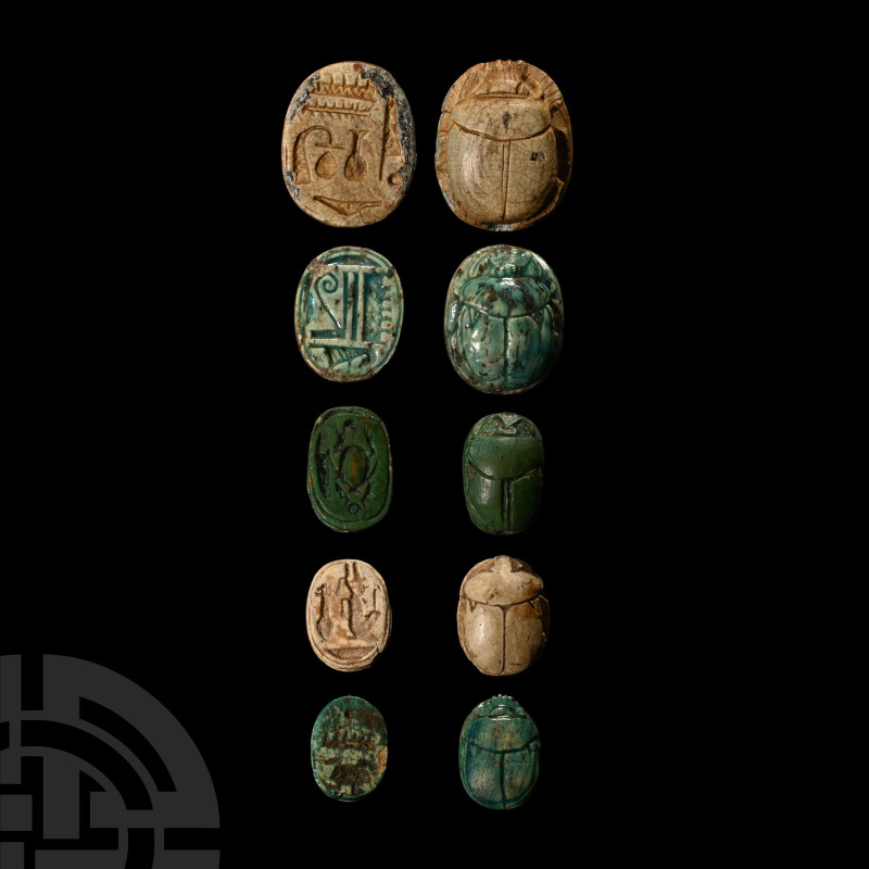 Egyptian Faience Hieroglyphic Scarab Group
Second Intermediate Period, circa 16...