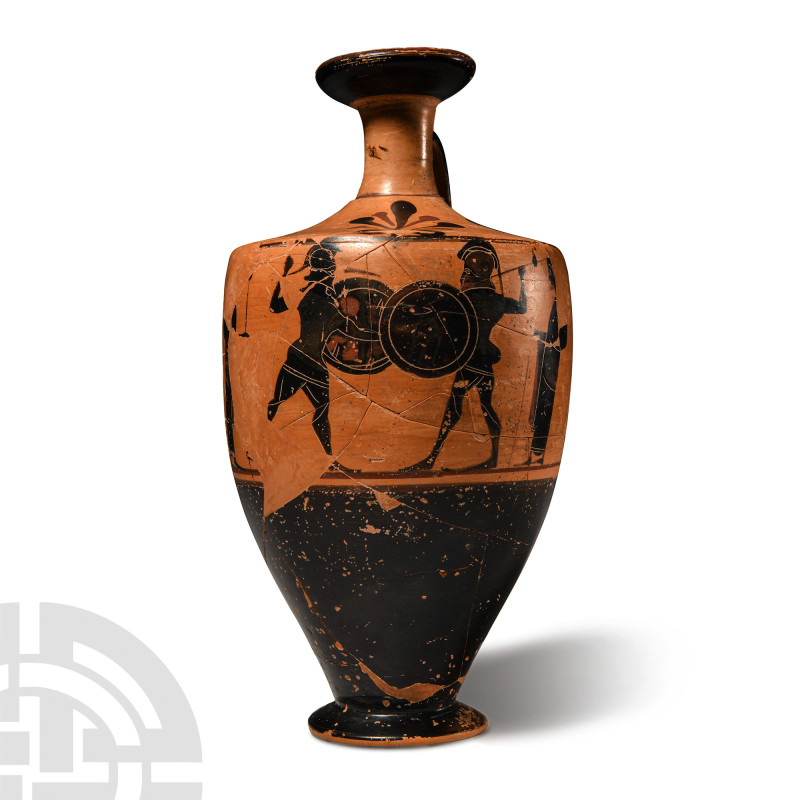 Greek Attic Black-Figure Lekythos with Fighting Hoplites
6th century B.C. The p...