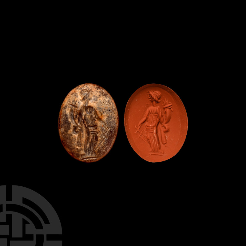 Roman Carnelian Gemstone with Fortuna
1st-2nd century A.D.. The oval intaglio d...