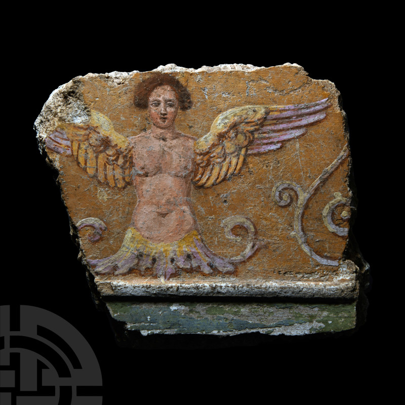 Roman Polychrome Wall Painting Fragment with Winged Siren
Late 1st century B.C....