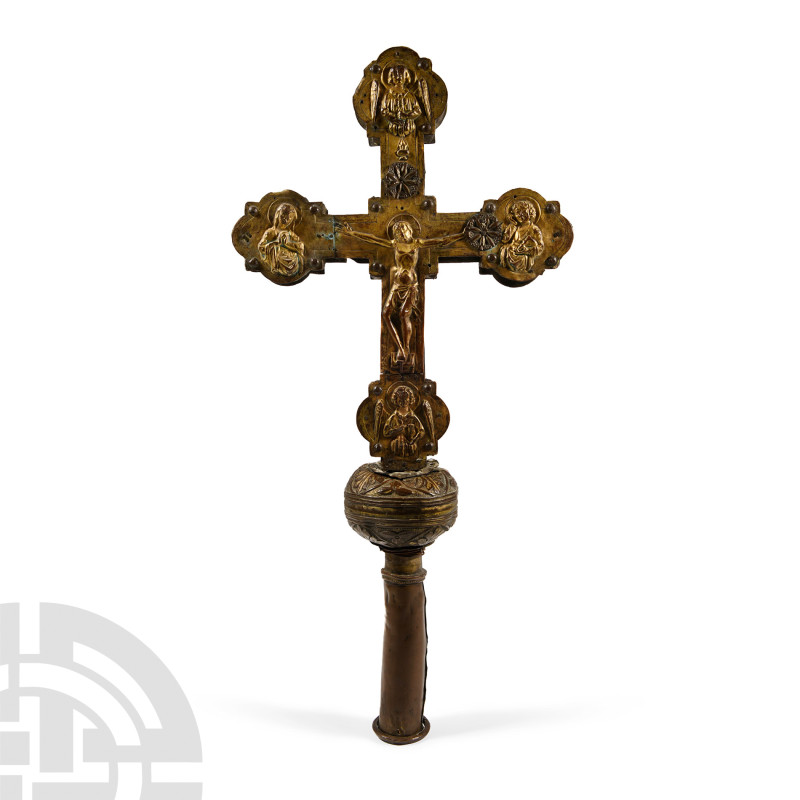 Medieval Gilt Bronze Processional Cross
15th-16th century A.D.. With wooden cor...