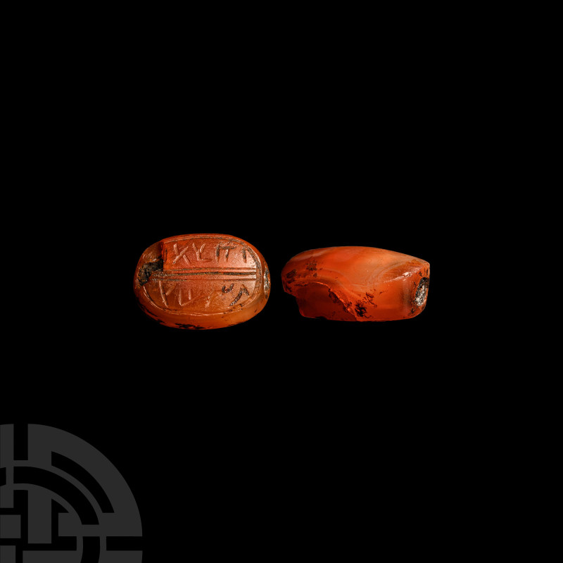 Phoenician Carnelian Scaraboid with Semitic Inscription
8th-7th century B.C. Wi...