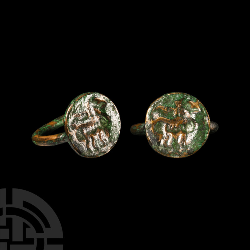 Greek Bronze Ring with Animal
3rd-2nd century B.C. With round-section hoop, the...