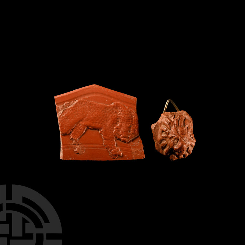 Roman Redware Sherd Group with Lions
4th-5th century A.D. The larger fragment w...