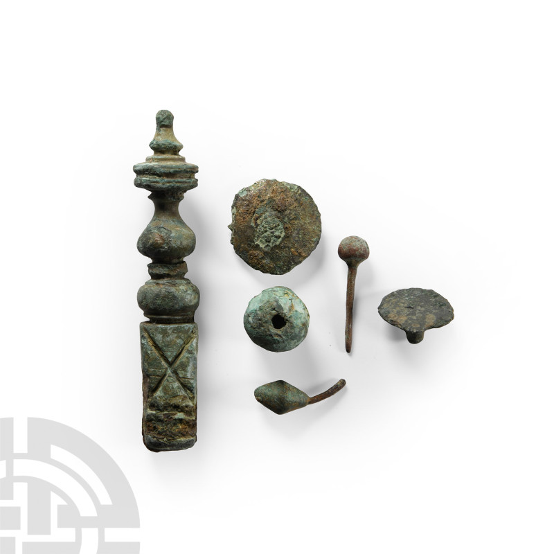 Roman Bronze Fitting Group
Circa 2nd century A.D. Comprising: a substantial key...