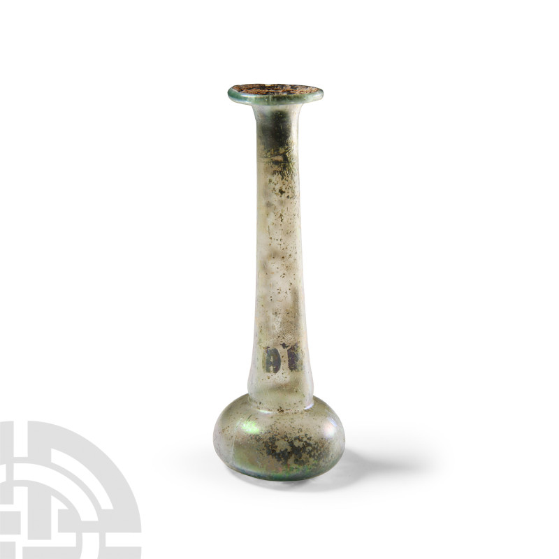 Roman Glass Candlestick Unguentarium
2nd-3rd century A.D. Bulbous body with fla...