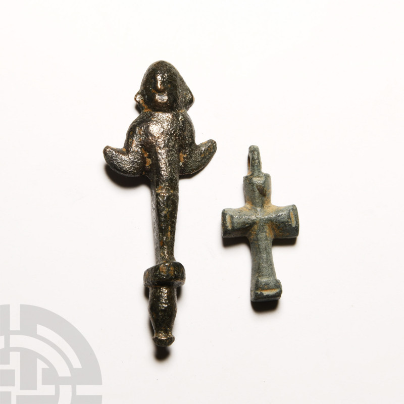 Byzantine Bronze Cross Pendant and Angel Finial Group
6th-8th century A.D. Comp...