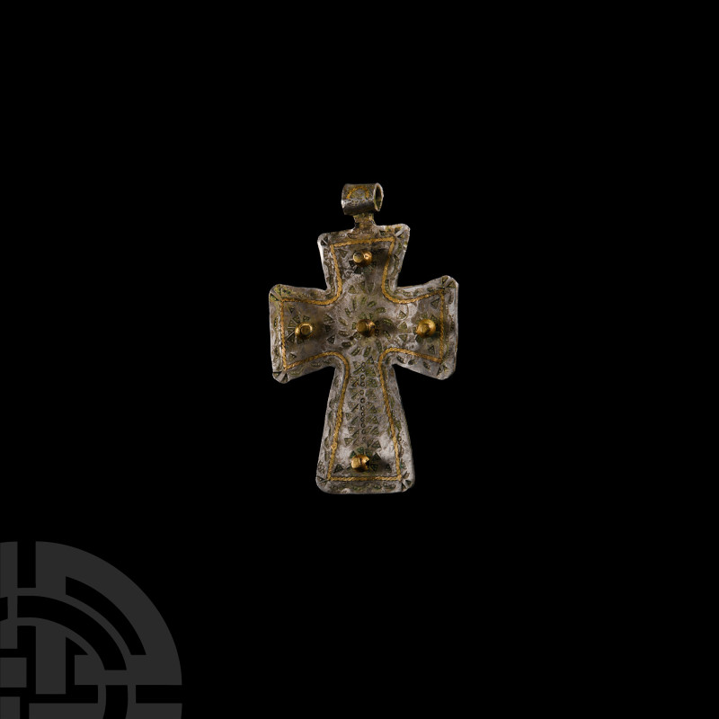 Gold Inlaid Silver Stamped Cross Pendant
19th century A.D. or earlier. With fiv...