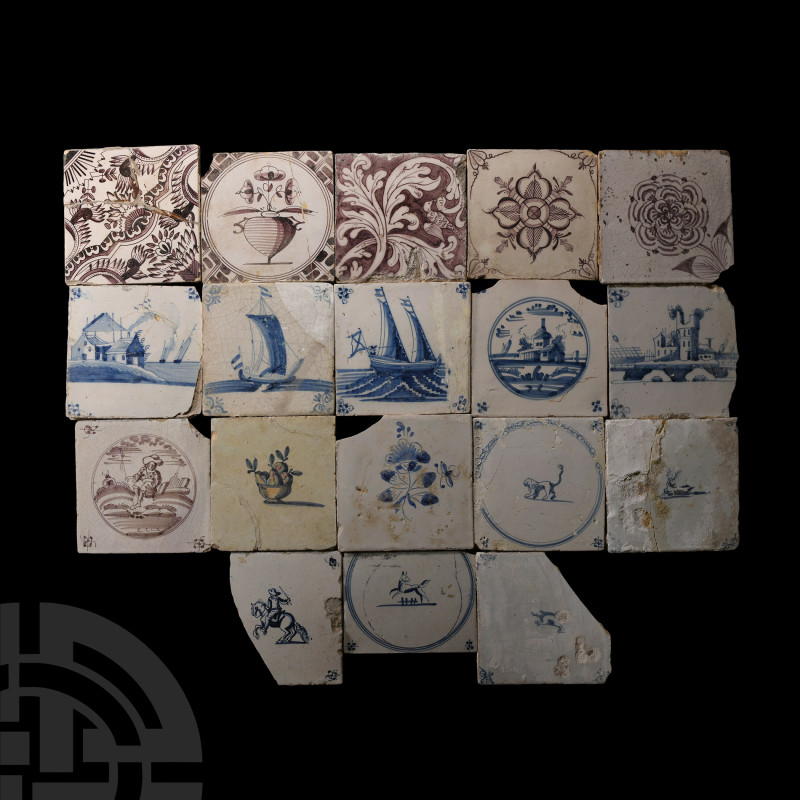 Post Medieval Dutch Glazed Ceramic Tile Group
Circa 17th-18th century A.D. Comp...