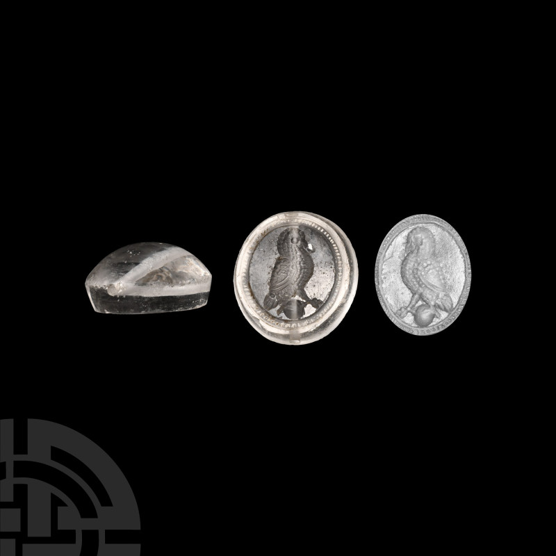 Rock Crystal Seal Bead with Owl
19th century A.D. or earlier. Oval in form with...