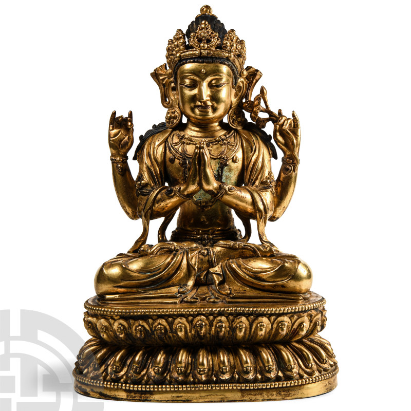 Sino-Tibetan Gilt Bronze Seated Figure of Four-Armed Guanyin
Circa 19th-20th ce...