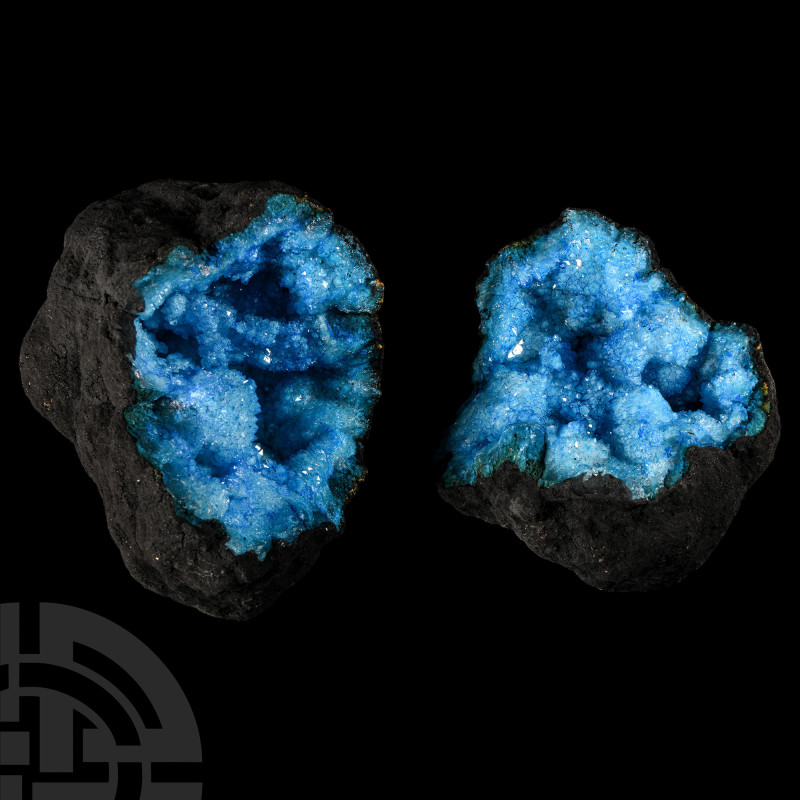 Natural History - Turquoise Blue Coloured Crystal Nodule
. Comprising two halve...