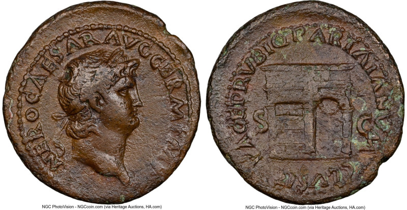 Nero, as Augustus (AD 54-68). AE as (30mm, 6h). NGC Choice VF. Rome, AD 65. NERO...