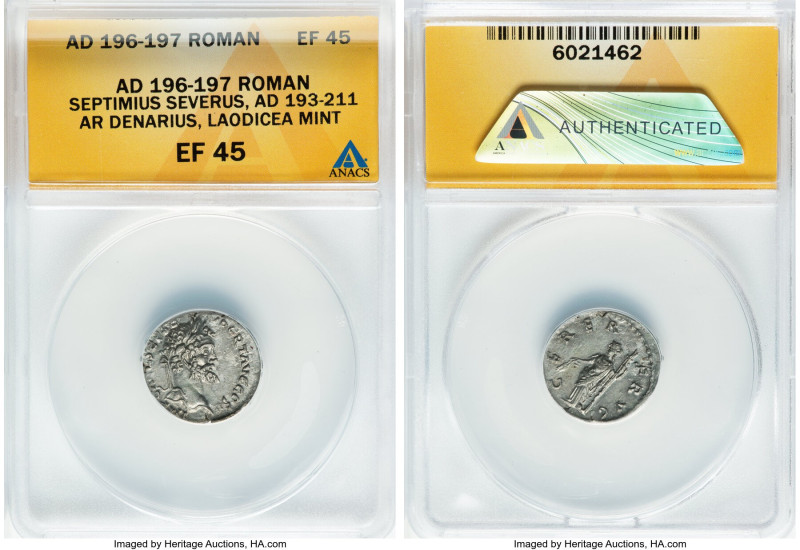 Septimius Severus (AD 193-211). AR denarius (18mm, 2h). ANACS XF 45. Emesa, AD 1...