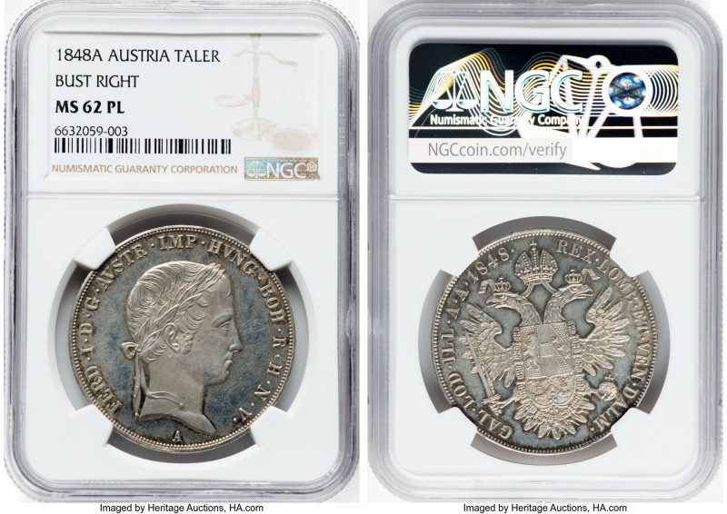 Ferdinand I Taler 1848-A MS62 Prooflike NGC, Vienna mint, KM2240. Bust right var...