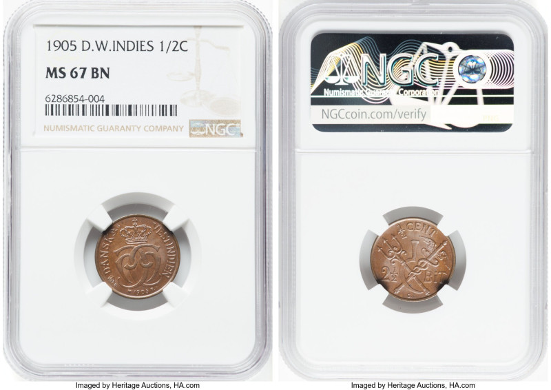 Danish Colony. Christian IX 1/2 Cent 1905-(h) MS67 Brown NGC, Copenhagen mint, K...