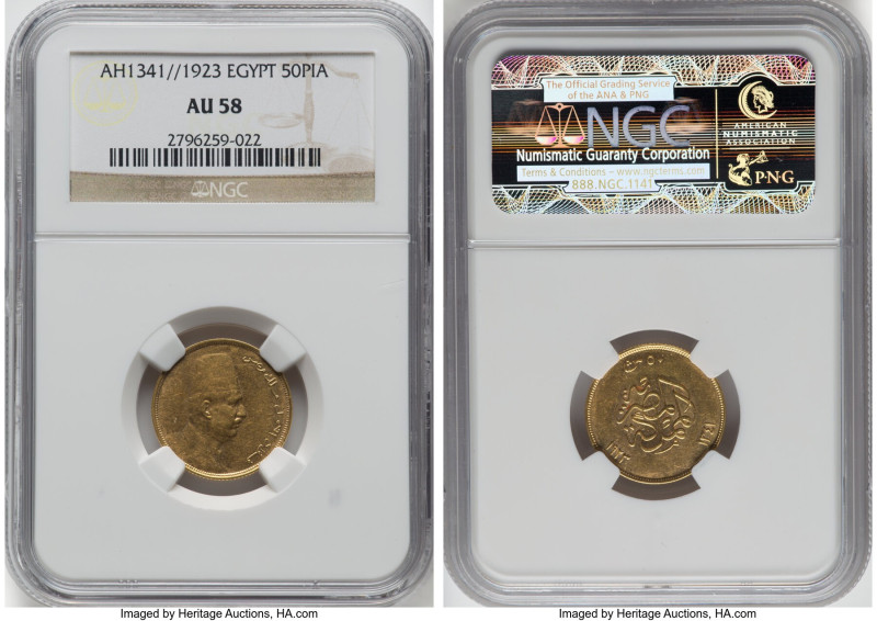 Fuad I gold 50 Piastres AH 1341 (1923) AU58 NGC, British Royal mint, KM340. HID0...