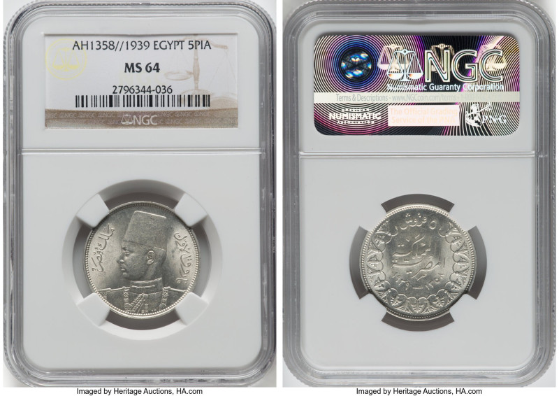 Farouk 3-Piece Lot of Certified Assorted Issues NGC, 1) 5 Piastres AH 1358 (1939...